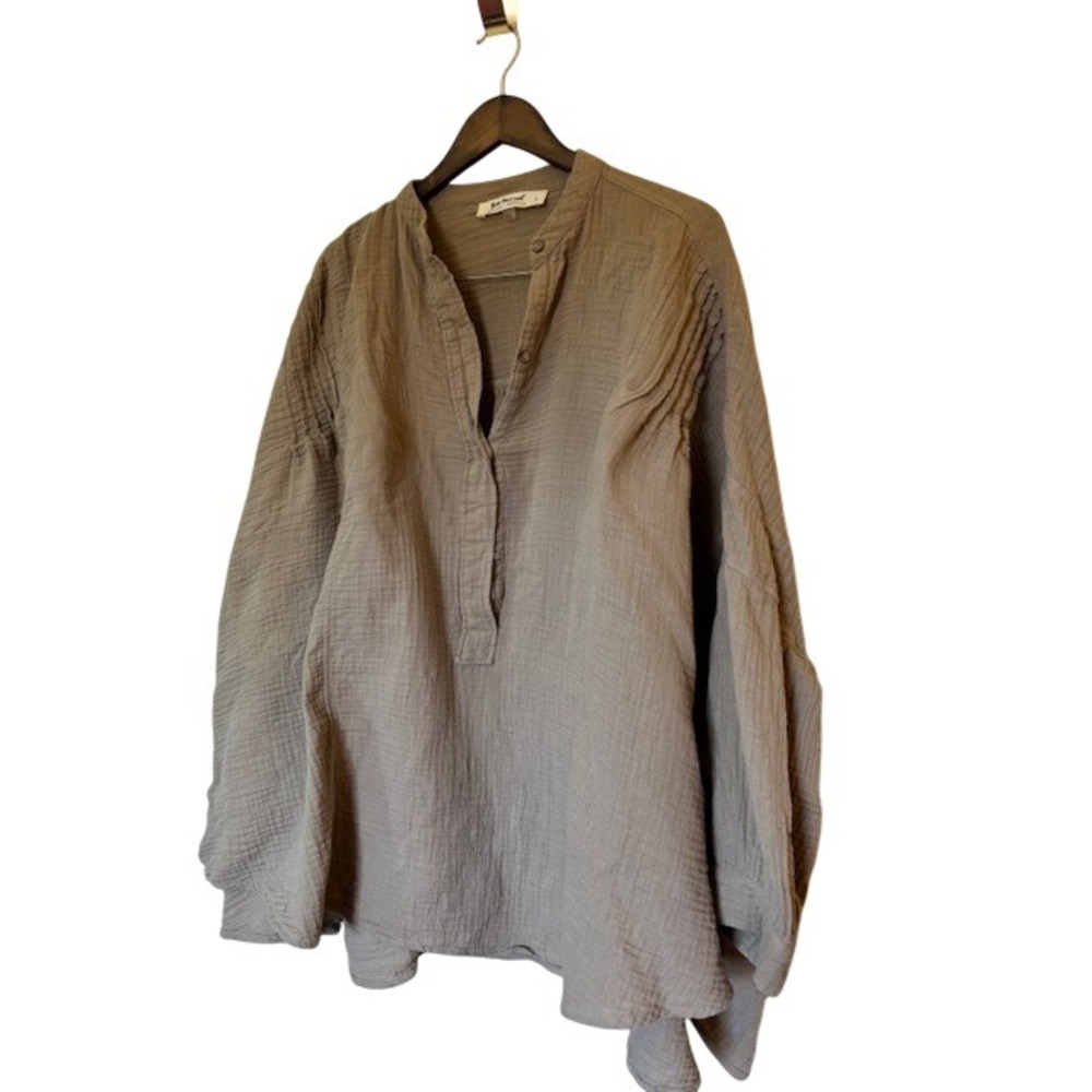 Three Bird Nest Gauze Cotton Tunic Top Taupe Brown Pintuck Oversized Henley L